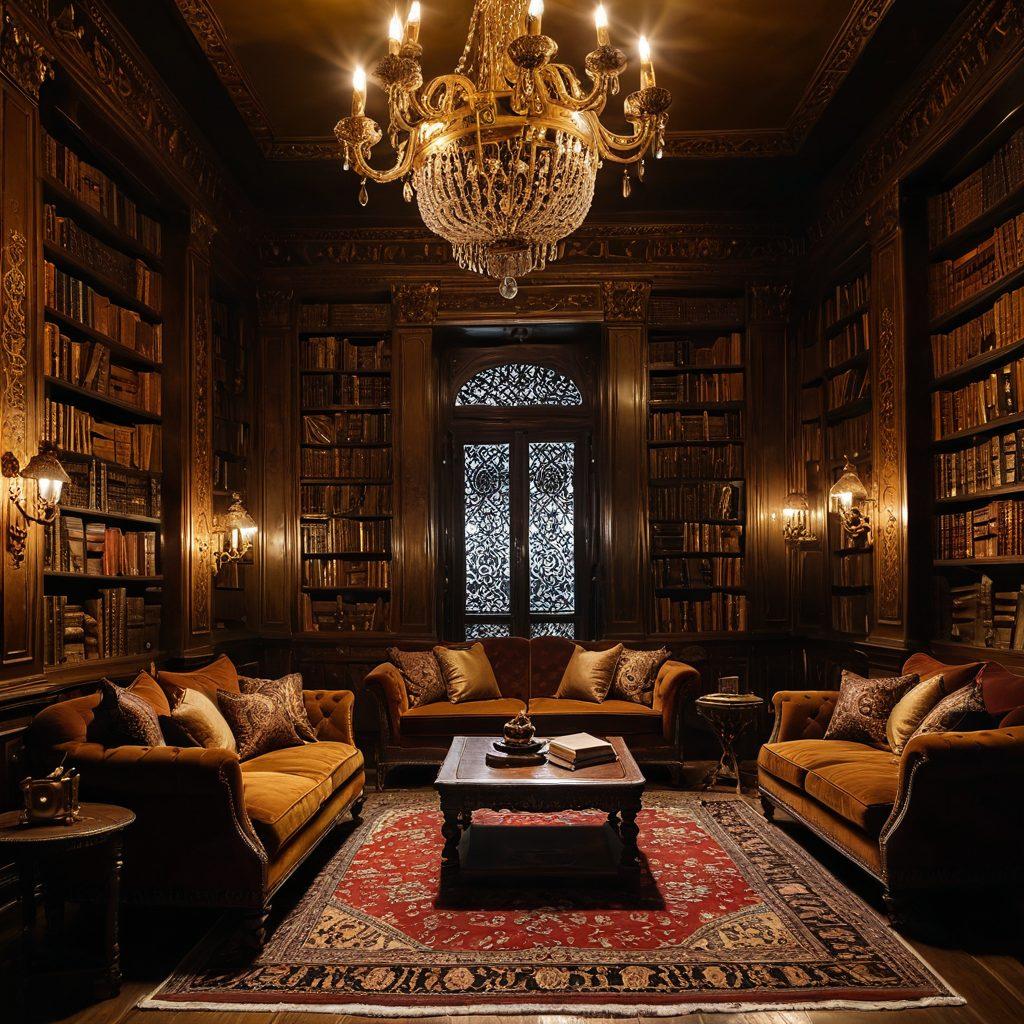 An opulent, dimly lit library with ornate, golden accents, rich velvet cushions, and an ancient wooden bookshelf filled with elegantly bound books. A mysterious, luxurious atmosphere with a subtle hint of sensuality, featuring intricate Persian rugs and soft, ambient lighting. super-realistic. rich colors. dramatic shadows.