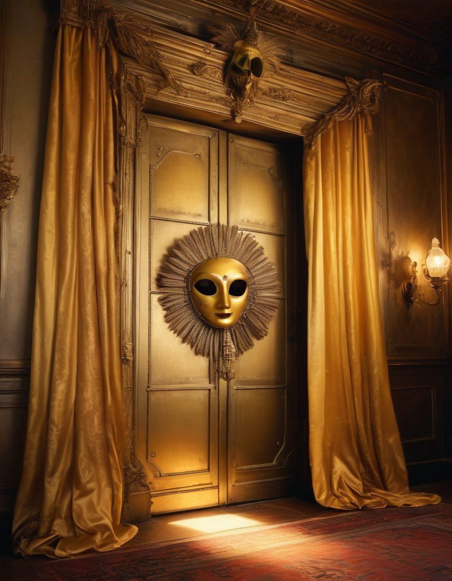 A grand, ornate vault door slightly ajar, with shimmering golden light pouring out, illuminating an intimate, opulent setting of luxurious silk drapes and antique artifacts. Hint at adult themed content with tasteful, suggestive elements like a vintage film reel and a feathered masquerade mask. Create an air of mystery and sophistication. super-realistic. vibrant colors. dramatic lighting.